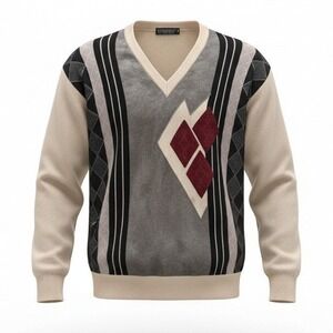 VTG Franco Ponti Mens V Neck Marino Sweater Italian Argyle Diamond Pattern Large